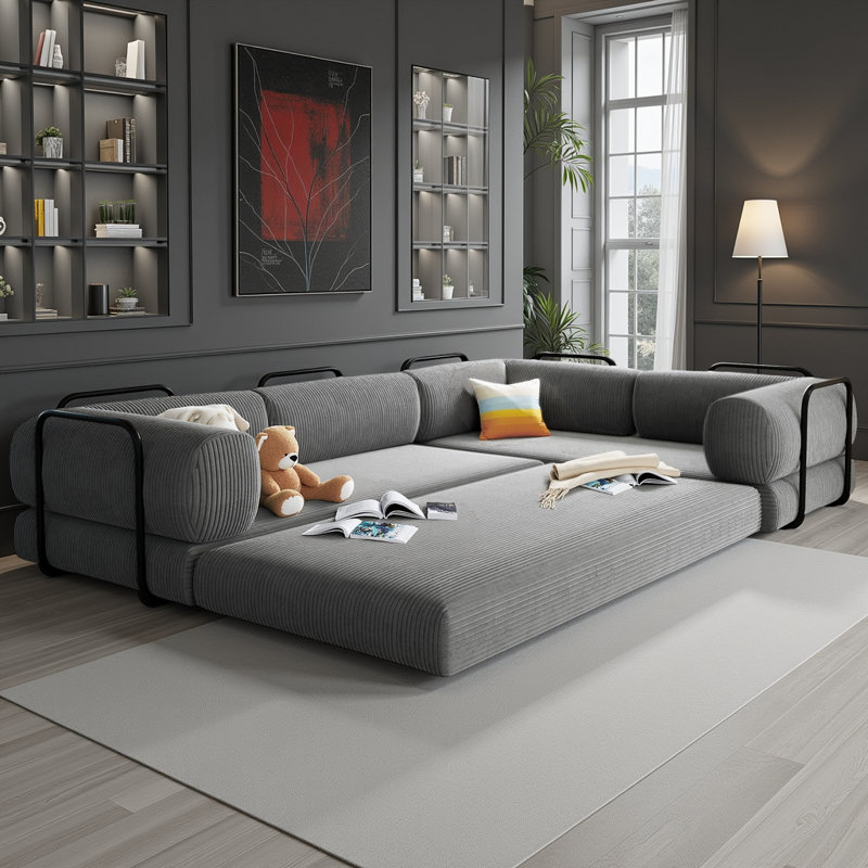Canapé-lit modulaire modulaire en L 4 po, Velours côtelé gris