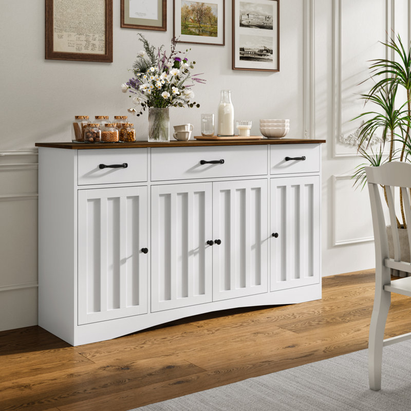 Buffet 55,1 W avec 3 tiroirs, tablettes réglables et grand tiroir, Rétro / blanc