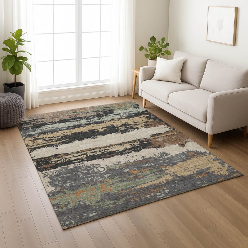Machine Washable Indoor/Outdoor Chantille ACN2592 Abstract Rug, Charcoal, 9' x 12'