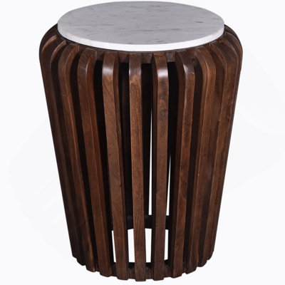 Table de bout ronde moderne en bois massif avec plateau en marbre, canapé de salon, brun / blanc