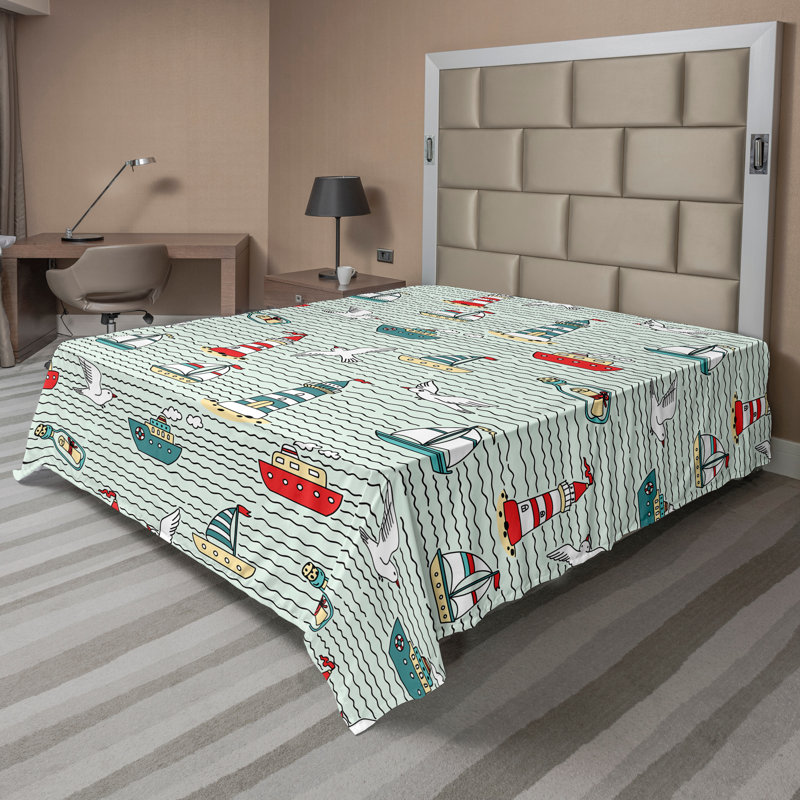 Ambesonne Lighthouse Top Flat Sheet Message Bottle Gulls Multicolor, Full Flat Sheet