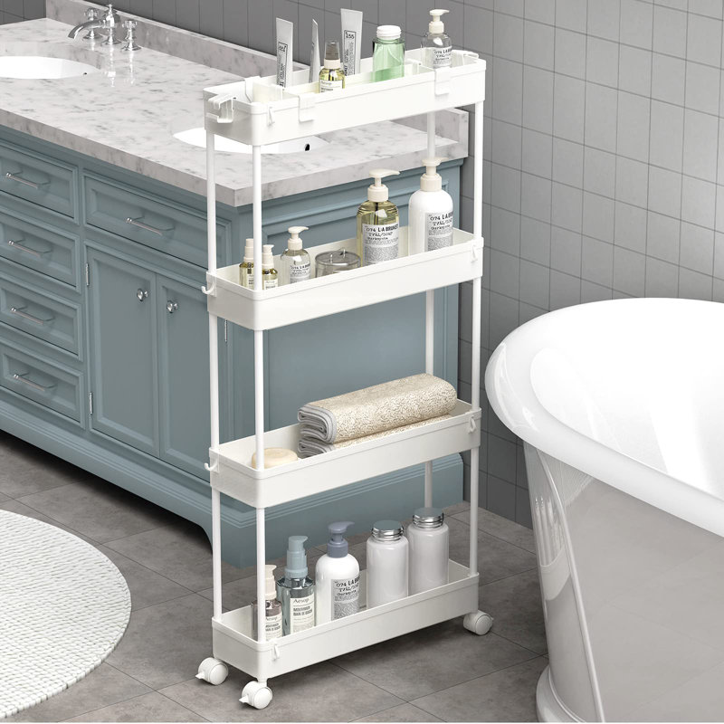 Slim Storage Cart 4 Tier,Bathroom Storage Organizer Rolling Utility Cart, Mobile Shelving Unit Slide Out Storage Cart, White