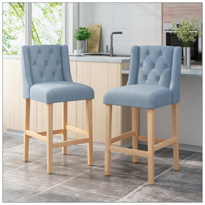 Ensemble de 2 tabourets de comptoir à oreilles capitonnés contemporains en tissu, bleu clair et naturel