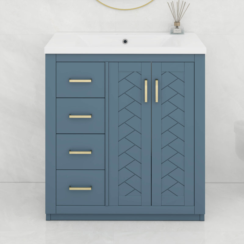 Meuble-lavabo 30 po avec lavabo, meuble-lavabo en bois massif avec 3 tiroirs, Bleu