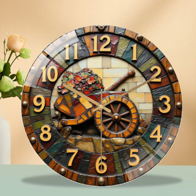 Horloge murale rétro vintage avec brouette fleurs - horloge murale en verre 12 po