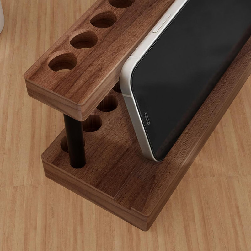 Solid Walnut Pen Display Stand With 9 Slots And Cell Phone Holder