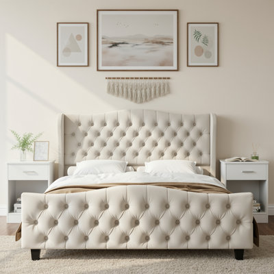 3-piece Bedroom Set, 54.3" Handmade Tufted Tall Bed Frame With Velvet Headboard, 2 Nightstands With Drawers by Wrought Studio