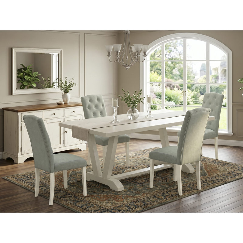 L'ensemble de table de salle à manger 5 pièces comprend une table et 4 chaises de salle à manger Parson en tissu bleu lin avec dossier capitonné - Lin brossé blanc.