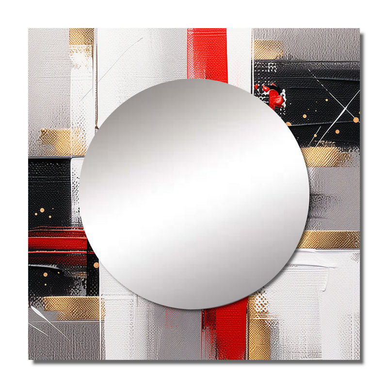 Wigan - Art mural miroir carré et abstrait cubique rouge et doré pour salle de bain, 36 po x 36 po