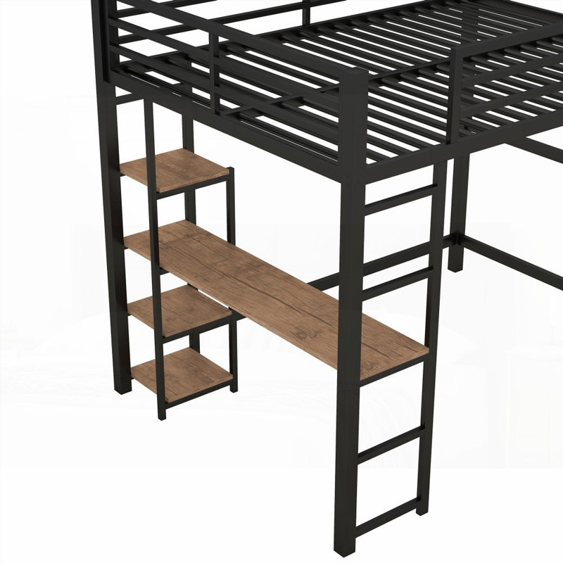 Lit mezzanine double en métal avec bureau intégré et tablettes de rangement (aucun sommier requis, solide et stable)