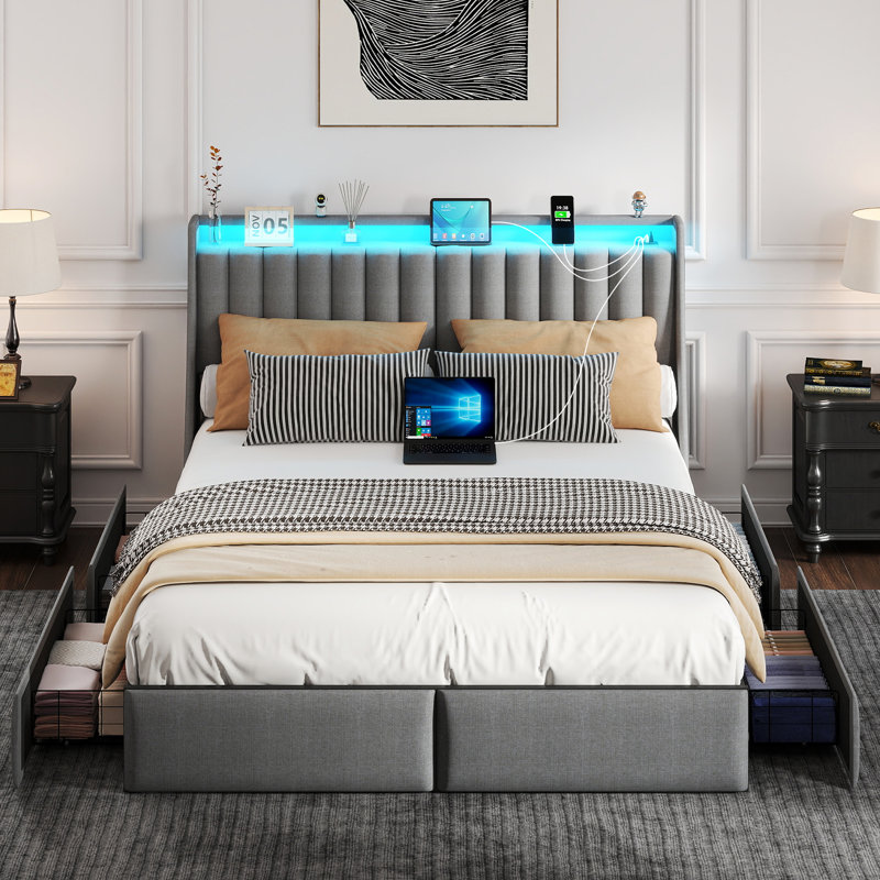 Full Platform Bed Frame with Charging Station and 4 Sliding Drawers,Upholstered Bed with Headboard and LED Lights, Full