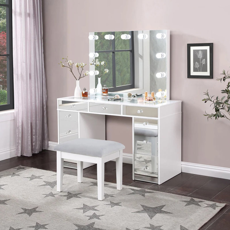 47.4" W Glam Vanity Set, White/Gray