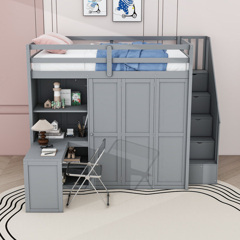 Lit mezzanine double en bois avec espace de travail intégré et garde-robe, Gris