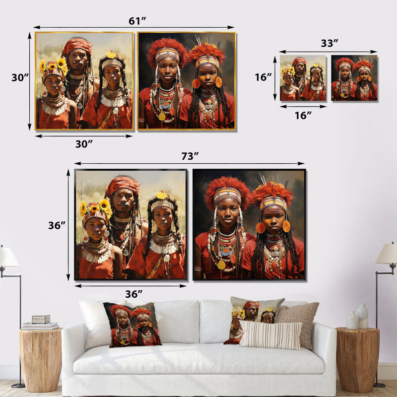Ensemble de 2 décorations murales Tribal africain Vibrance I, Cadre flottant doré, H 30 po x l 61 po x P 1 po