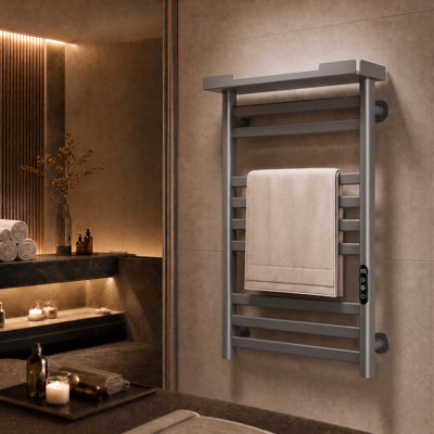 Heated Towel Rack with Shelf and Wi-Fi App Control, 8 Bars Electric Wall Mounted Towel Warmer with Timer & Adjustable Temperature, Low Carbon Steel, Plug-in/Hardwired, Gray