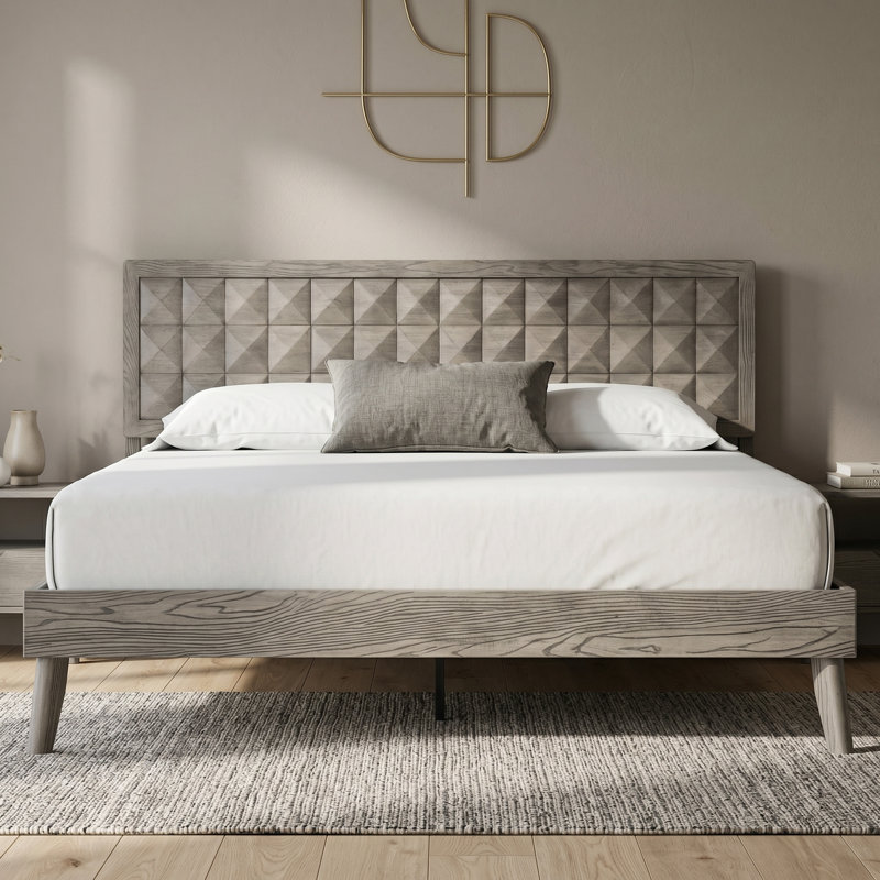 Lit plateforme en bois massif avec tête de lit Diamonr Mid-Century moderne Diamonr, Très grand lit, Bois flottant gris