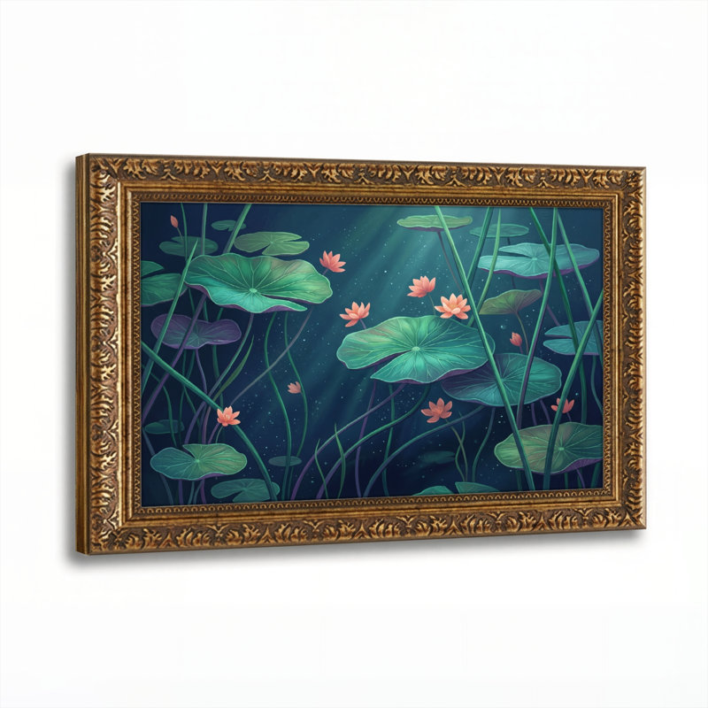 Art mural en toile noyer doré encadré pour le salon, la chambre à coucher, le bureau ou le vestibule - décoration murale décorative avec nénuphars