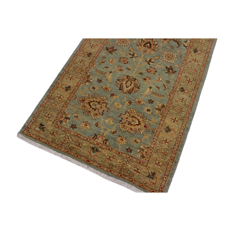 Tapis de couloir oriental en laine noué à la main brun clair / bleu clair 4 pi x 11 pi 7 po Fenwick Landing
