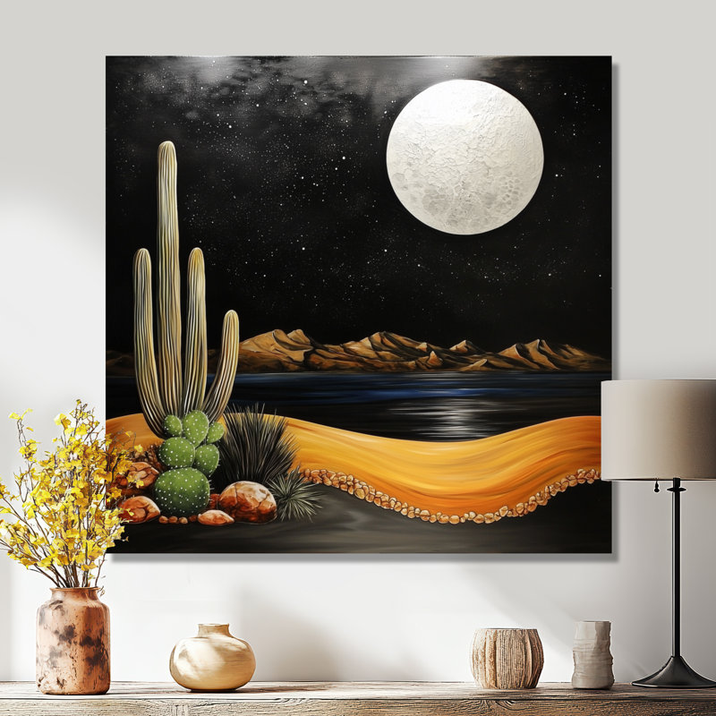 Glam Desert Moon With Cactus I - Landscapes Metal Wall Decor, Desert Metal Print, 23" H x 23" W