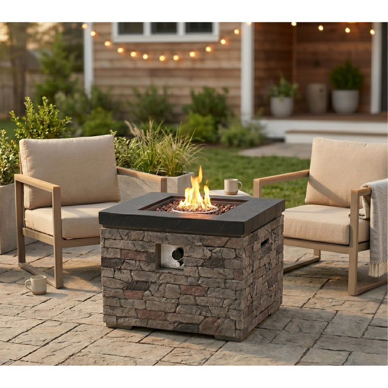 32-inch Outdoor Fire Pit Table, 40,000 BTU Propane Fire Pit, Lightweight Concrete Gas Fire Table with Lava Rocks, Burner Lid & Waterproof Cover, Rectangular Firepit for Patio Garden, Stone Look