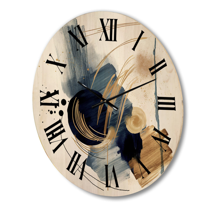Ruthi Landscape Of Dark Blue And Gold Strokes VI - Modern Geometric Oversized Wood Wall Clock, Medium