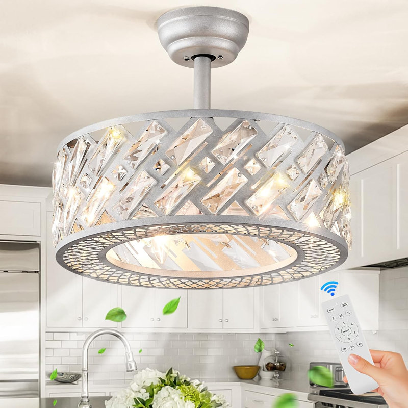 18.5" Crystal Caged Bladeless Ceiling Fan With Light, Remote Control, Silent 6-Speed Reversible Motor – Modern Enclosed Ceiling Fan For Bedroom, Kitchen, Living Room (Silver)