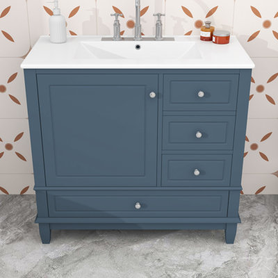 Meuble-lavabo simple autoportant moderne avec lavabo en céramique et tiroirs de rangement