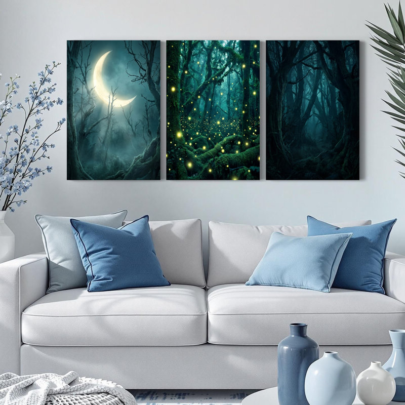 Ensemble de 3 tableaux sur toile « Forêt au clair de lune avec lucioles », H 18 po x l 36 po