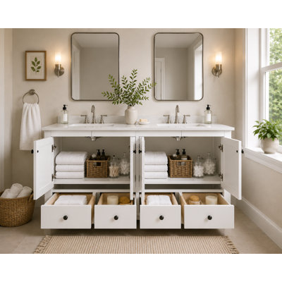 Armoire de meuble-lavabo double 48 po en bois massif - blanc, base de meuble-lavabo autoportant avec 4 portes et 4 tiroirs, rangement à fermeture en douceur (lavabo et comptoir non inclus)