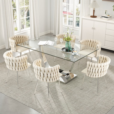 Rectangle Pedestal Dining Set with Woven Dining Chair