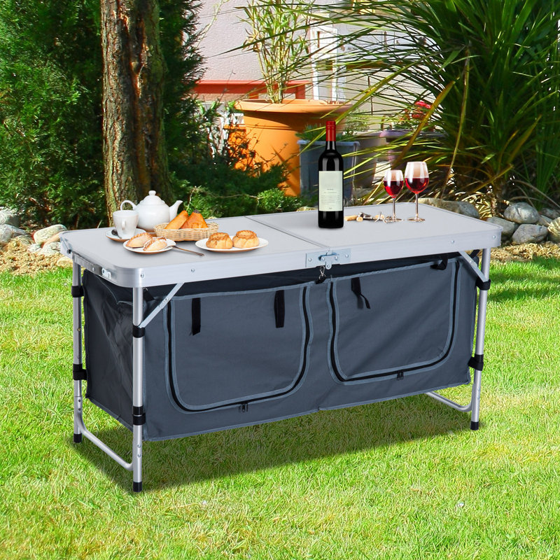 Outsunny 47" Aluminum Folding Camping Table, Adjustable Height Outdoor Picnic Table with Carrying Handle And Storage Organizer Cabinets
