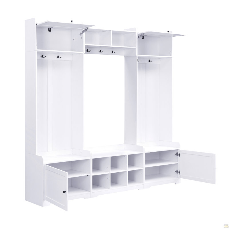 79.1''Wide Modern Hall Tree with Shoe Storage, 4-in-1 Entryway Bench with 8 Cubbies, 7 Coat Hooks & Adjustable Shelf for Hallway, living room, White