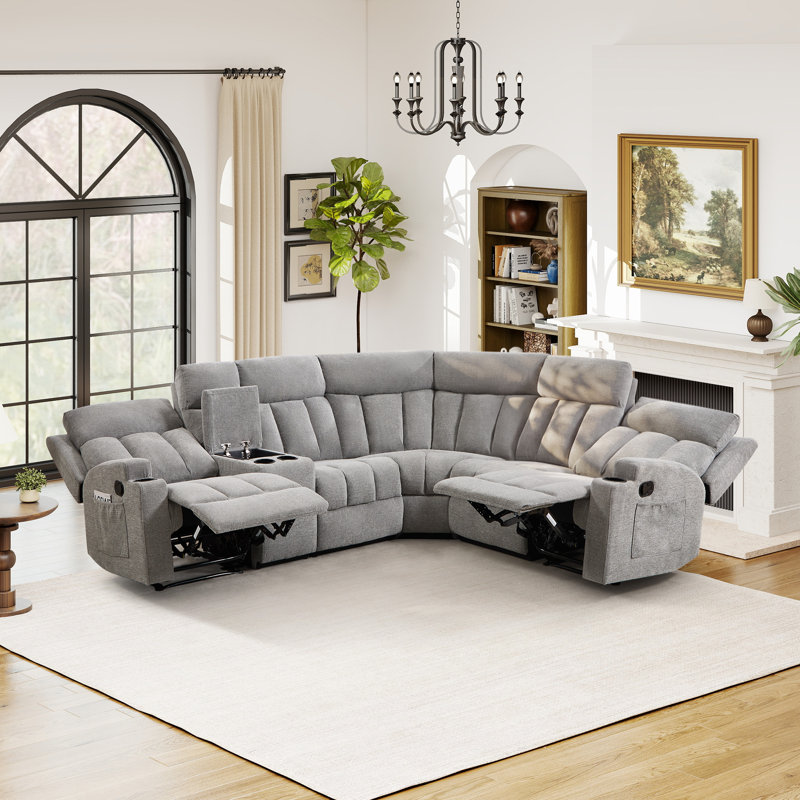 7-Piece Manual Reclining L-Shaped Sectional Sofa With Center Storage Console & Cup Holders, Light Gray Microfiber