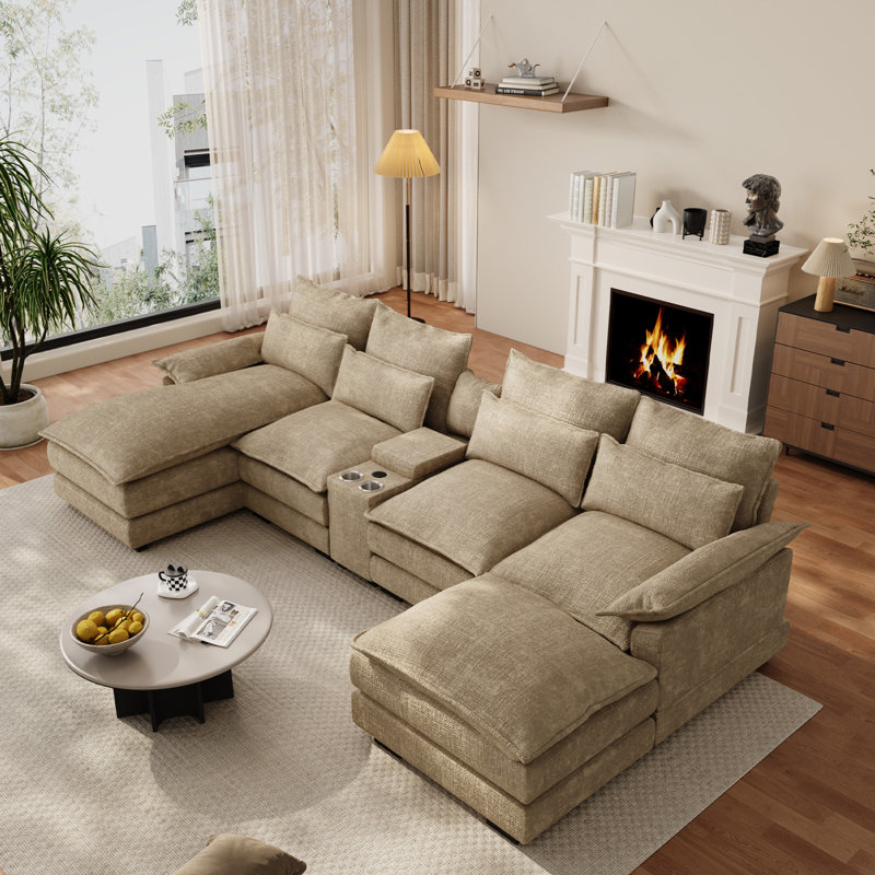 135 U Shaped Chenille Cloud Sectional Sofa Storage Console USB Cup Holder Chaise, Brown