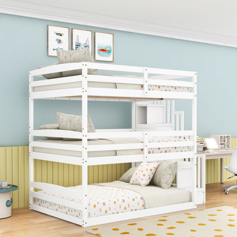 Triple Bunk Bed With Storage Staircase, White