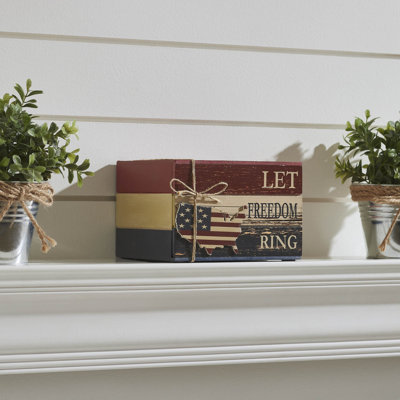 Higher Glory Let Freedom Ring MDF Block Sign w/ American Map Ornament On Twine 4x6x5