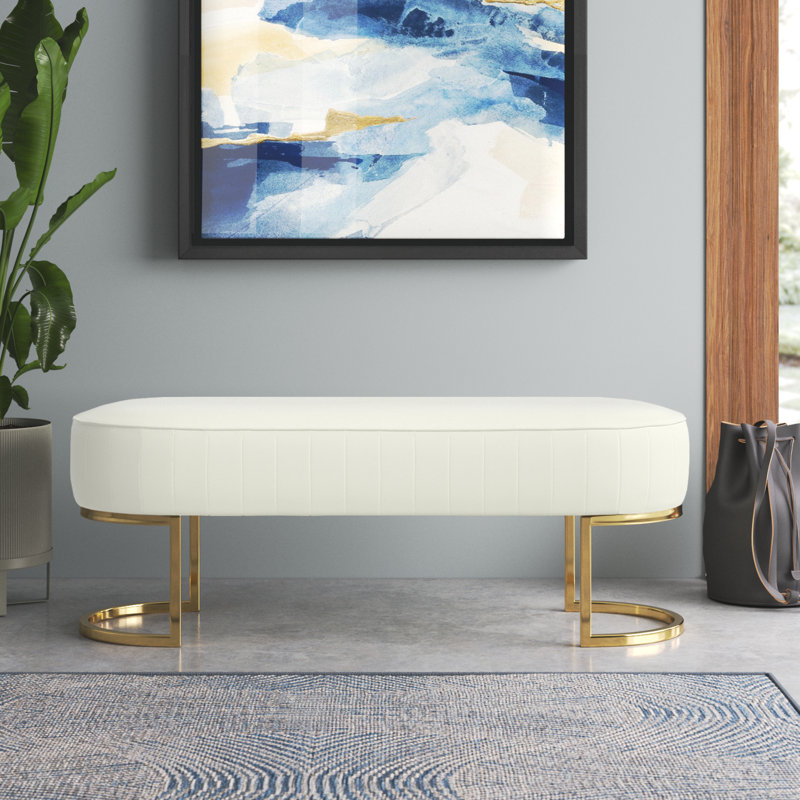 Ferdinand 48" W Velvet Upholstered Living Room Bench with Horseshoe-shaped Metal Legs, Ivory