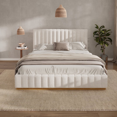 Bed Frame With Linen Upholstered Thick Headboard, Solid Wooden Base