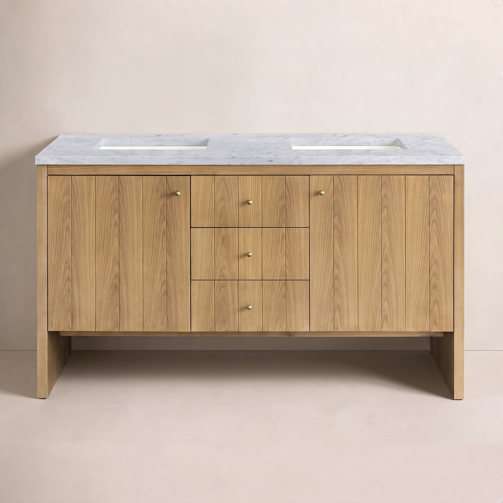 Hudson 60'' Double Bathroom Vanity, Light Natural Oak, Carrara White, 8" Widespread