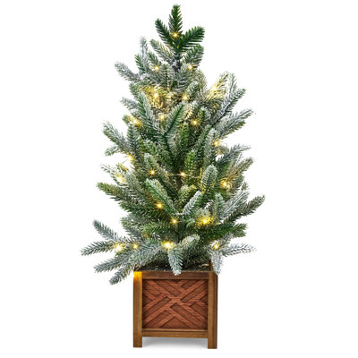 2ft Snow Flocked Pre-Lit Tabletop Christmas Tree with 30 LED Lights and Wooden Pot, Battery Powered
