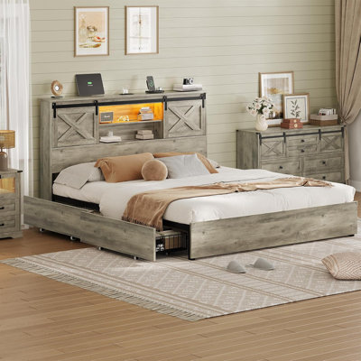 Farmhouse Bed Frame With Led Lights And 4 Storage Drawers, Wooden Platform Beds With Charging Station,rustic Bedroom Set With Storage Headboard And Sliding Barn Door