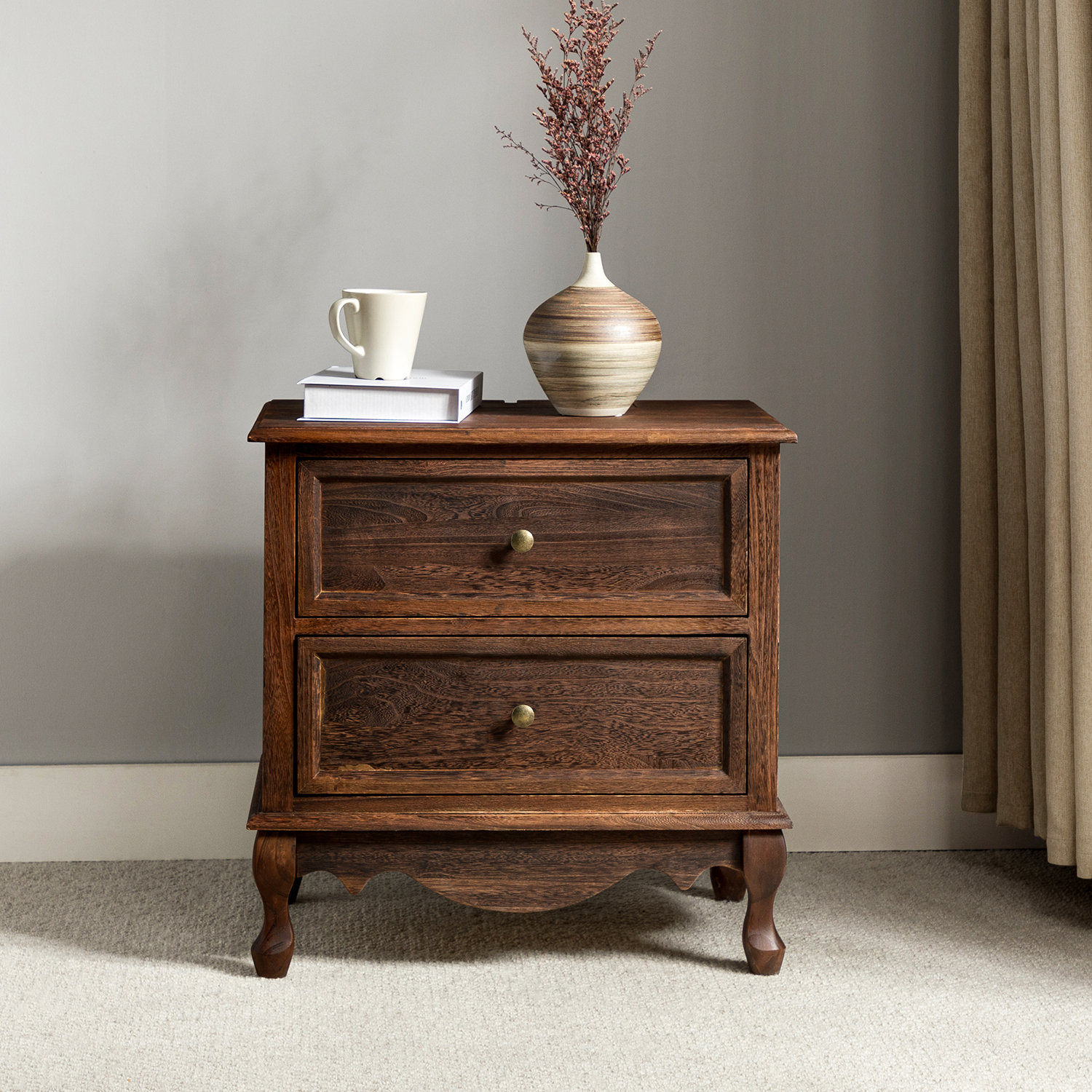 Lundgren Transitional 24''W 2-Drawer Nightstand with Wood Legs and Charging Station - Walnut