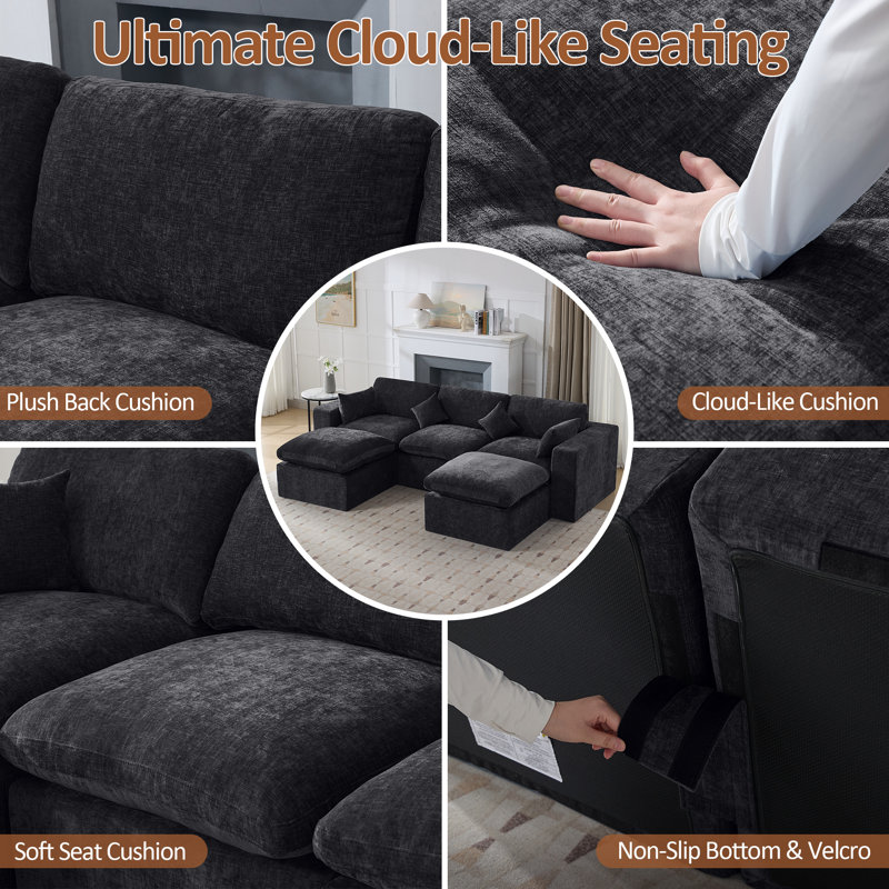 Compression Sectional Couch with 2 Ottomans, Dark Black Chenille, 5