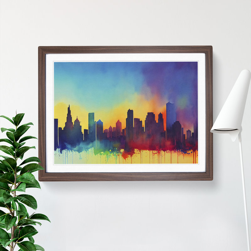 Watercolour City Skyline Vol.7 Abstract 1 Piece Single Picture Frame Wall Art, 46cm H x 64cm W x 2cm D, Walnut Framed