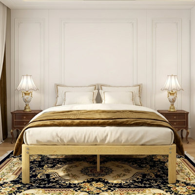 Cadre de lit très grand 14 po, vernis écologique sans formaldéhyde, lit plateforme en métal avec rangement, aucun sommier nécessaire pour la chambre à coucher, ton de bois clair