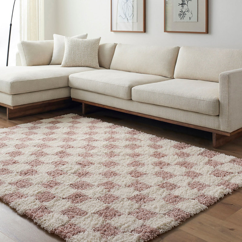 Dusty Pink Modern Shaggy Rug, Chequered Easy to Clean Rug For Living Room, Dining Room, Bedroom, Kitchen