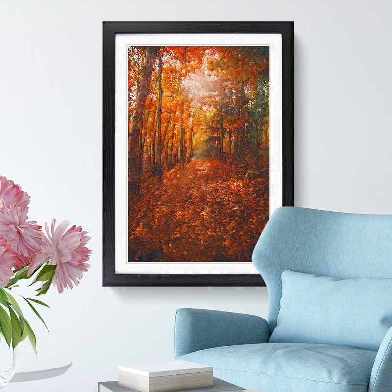 Autumn Forest Pathway In Abstract - Single Picture Frame Painting, 63cm H x 45cm W x 2cm D, Black Framed