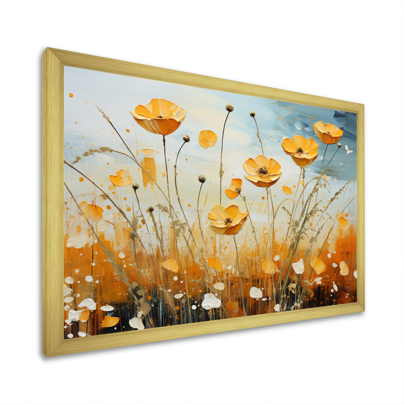 «Maret», jaune, bleu, boutons d'or, pastel, lueur, patchwork I - impression, Encadrement doré, H 24 po x l 32 po x P 1 po