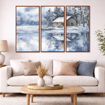 «Winter Cabin Wall Art, Snowy Lake Canvas - Winter Cabin In The Woods», ensemble de 3 toiles encadrées