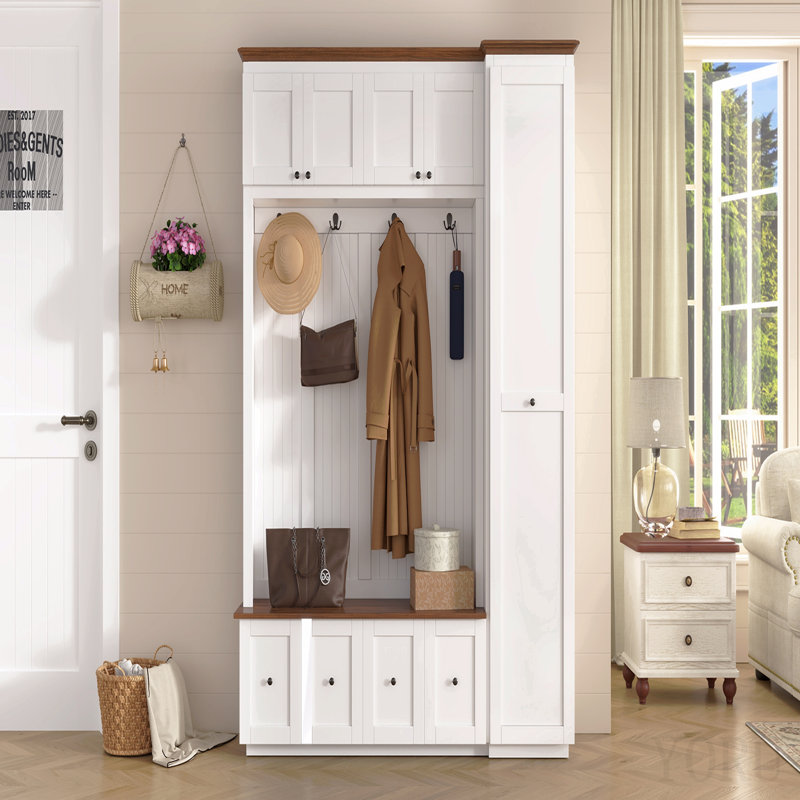 Portemanteau d'entrée 78,7 po avec banc de rangement, portemanteau pour portemanteau 5-en-1 avec armoires, tiroirs et crochets pour le couloir, l'entrée, le salon et le vestibule